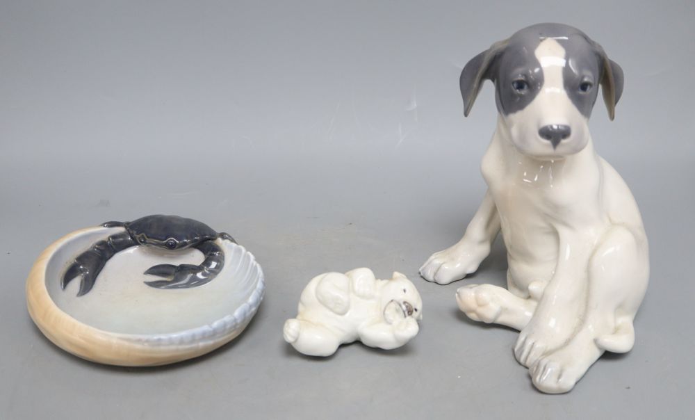 A Royal Copenhagen puppy, height 20cm, a bear and a crab bowl
